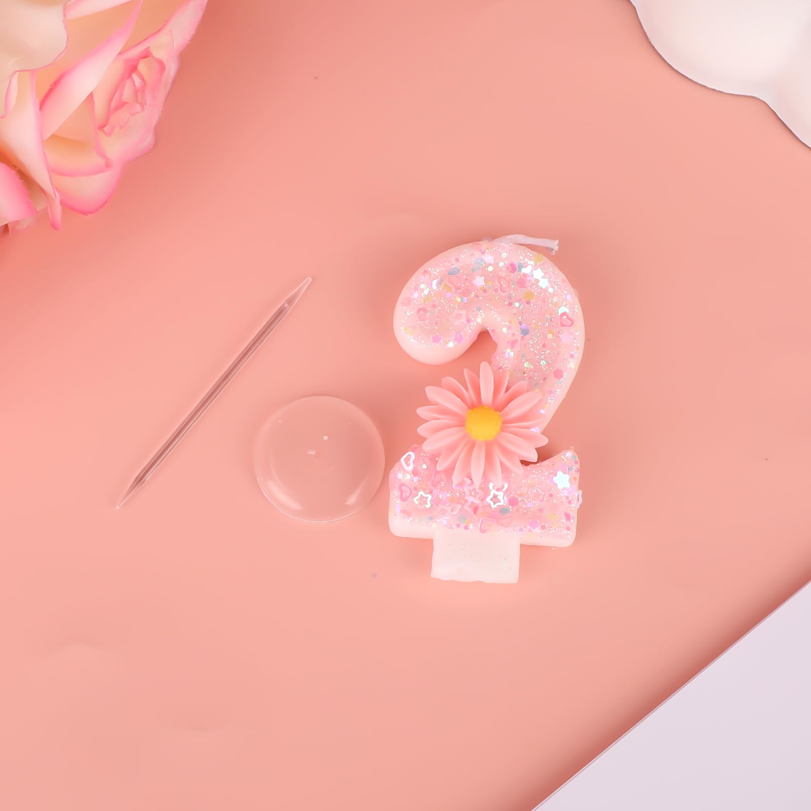 Bougie Chiffre Anniversaire Rose - 7,2 Cm - Paillettes Et Fleur De Marguerite - Pour Gâteau Fille, Baby Shower