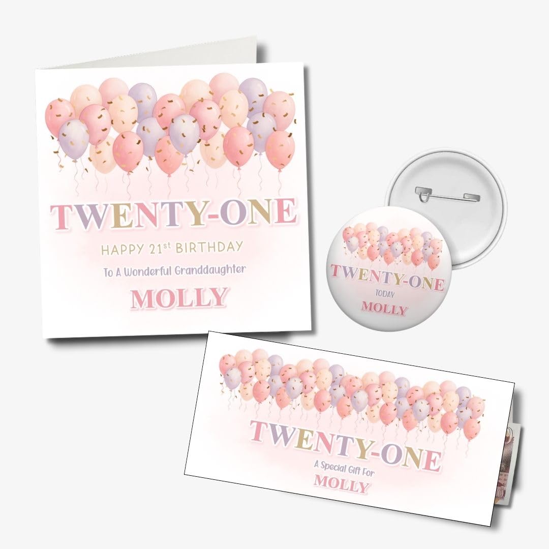 All Things Personal, 21st Birthday Card for Her Personalised Pink Design for Daughter Sister Niece Granddaughter or Goddaughter Optional Matching Badge & Money Wallet Set (Standard Full S)