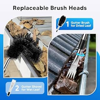 11.8FT Gutter Cleaning Tools from the Ground, No Ladder Needed - Adjustable Gutter Cleaner Pole with Replaceable Brush & Shovel for Roof Rain Gutters Cleans Leaves and Snow with Grip Tapes