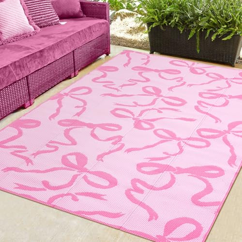 Nuanchu Outdoor Rug Plastic Straw Rugs 5x8 ft Pink Bow Camping Patio Rug Coquette Carpet Mat Indoor Outdoor Rv Mat for Valentines Outside Beach Pool Patio Backyard Deck