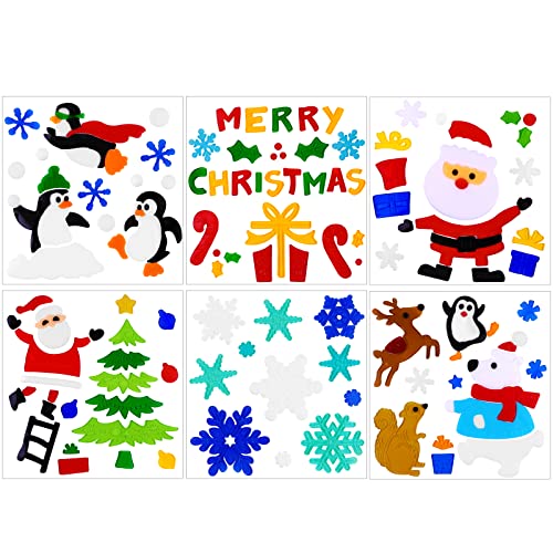 JOICEE 6pcs Christmas Gel Window Clings - Xmas Santa Claus Snowman Snowflake Penguin Christmas Tree Gift Window Stickers for Kids