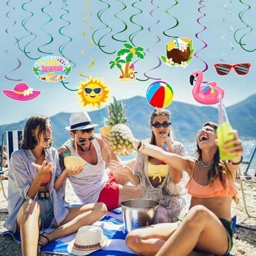 Image of Hooqict 54Pcs Summer Beach Pool Hanging Swirls Party Decorations Foil Ceiling Hanging Swirls for Summer Birthday Decorations Hawaiian Luau Tiki Beach Party Supplies
