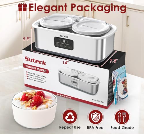 Image of Suteck Yogurt Maker for Probiotic Greek Yogurt with Timer & Temp Control | Make Real Yogurt at Home, No Additives, Precise 68-131F Control & 48H Timer, 2 x 1QT Glass Jars, BPA-Free & Dishwasher-Safe