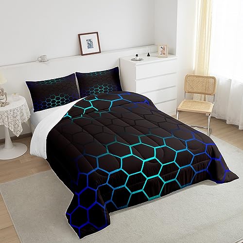 Image of Geometrics Honeycomb Comforter Set Full, Abstract Ombre Honeycomb Bedding Set for Kids Beehive Hexagon Comforter Simplistic Duvet Set 3Pcs