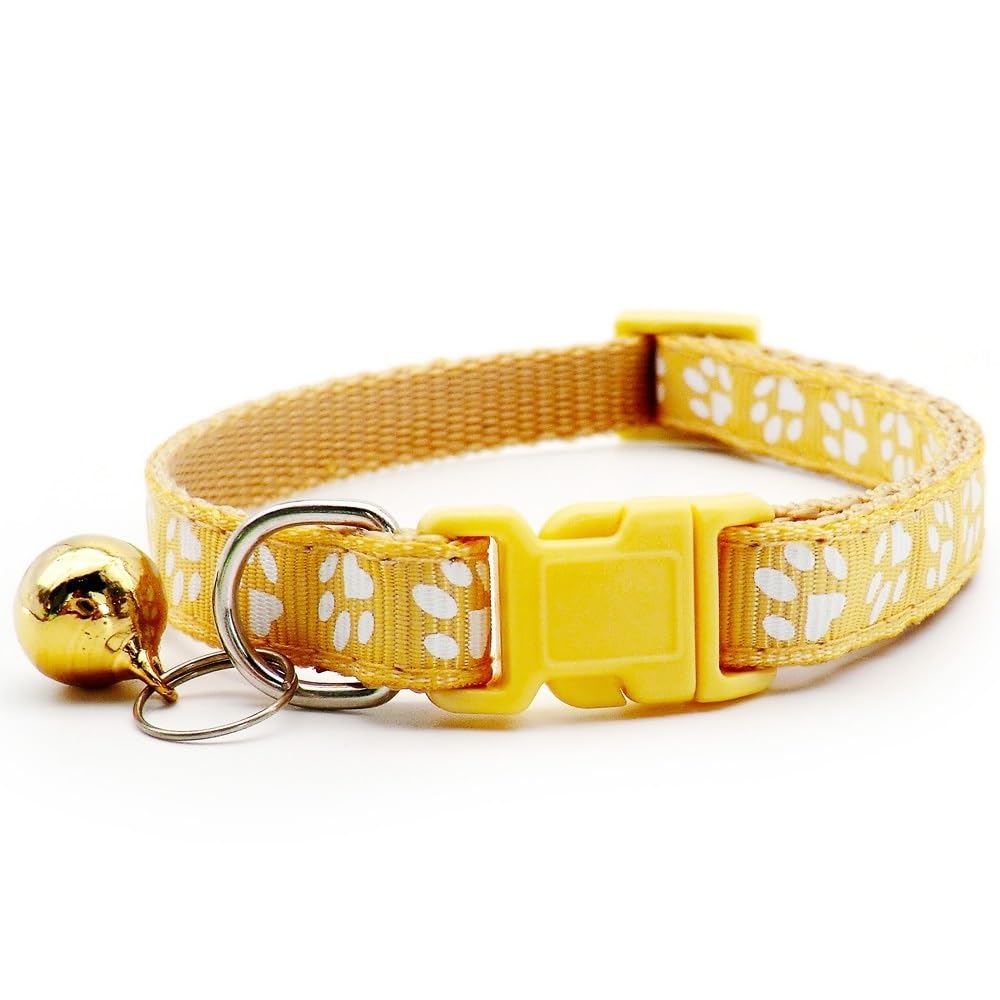 Dog Puppy Pet Small Medium Collar 2 Sizes Pawprint Design with Bell Nylon Adjustable Light Brown Khaki Beige S - Image 2