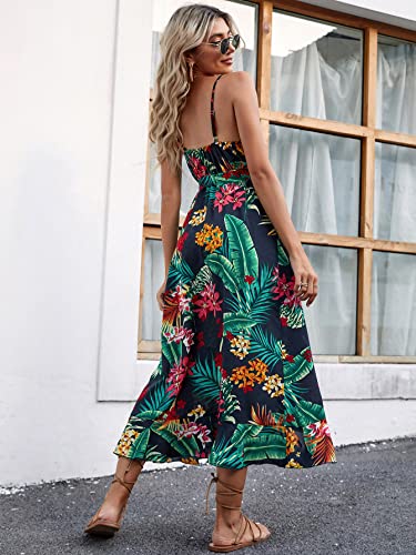 Shein Women's Tropical Print Wrap Belted Maxi Dress V Neck Sleeveless Flowy Long Dresses Navy Blue Large #TOP1