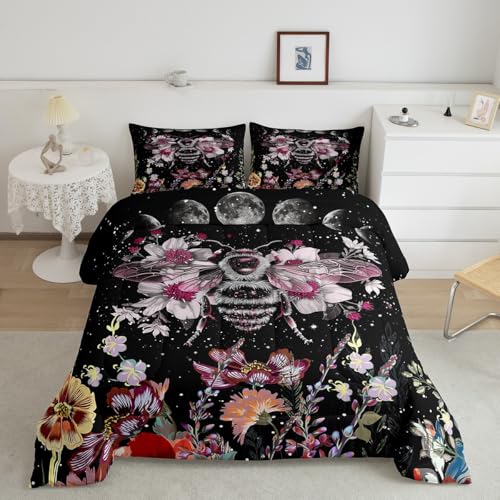 Image of Moon Bee Wildflower Decor Bedding Set for Kids Boys King Size, Girl Bohemian Comforter Set Plant Garden Herbs Leaves Cute Moon Phase Comforter Botanical Floral Soft Quilt Set with 2 Pillowcases