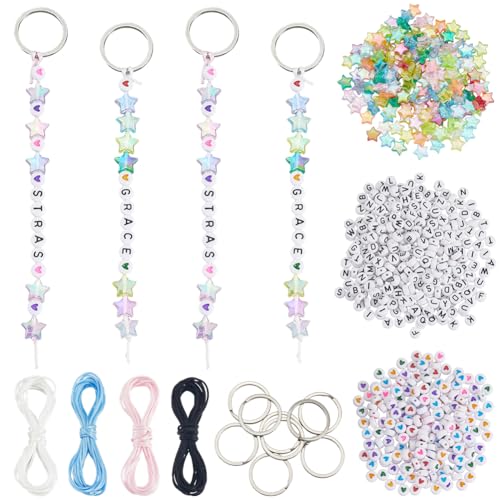 SUNNYCLUE 700 llavero con Alfabeto DIY, Kit para Hacer Llaveros con 12 m de Nailon, Acrílico, Estrellas Planas, Corazón, Nombre, Palabras, Llaveros de Acero Inoxidable para Llaveros, Fabricación de Jo