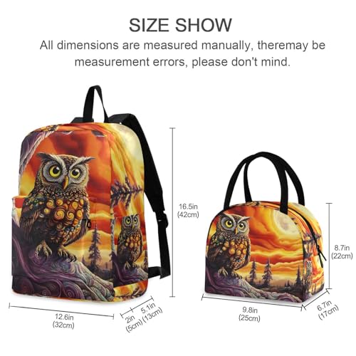 Backpack Lunch Bag Set Fantasy Owl Print, Big Storage Travel Backpacks with Insulated Lunch Box for Office Hiking Picnic2