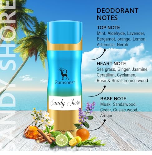 Image of Ramsons - SANDY SHORE Deodorant Spray | 200 ML x 2 | Body Spray For Women | TN - Mint, Lavender, Bergamot, Mandarin orange | MN - Sea grass, Ginger, Jasmine, Rose | BN - Musk, Sandalwood, Cedar