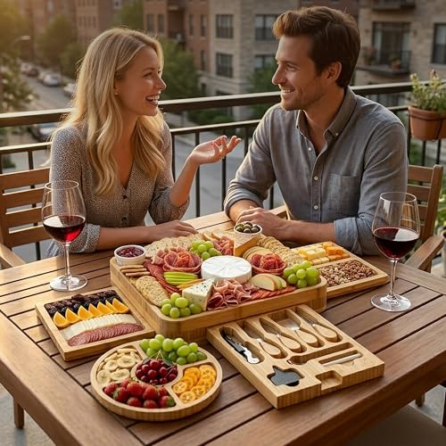 Image of Zulay Kitchen Premium Bamboo Cheese Board Set - Extra Thick Bamboo Charcuterie Board Set with 4 Piece Knife Set - Wooden Cheese Board is Perfect for Charcuterie, Wine and Cheese (Deluxe Set)