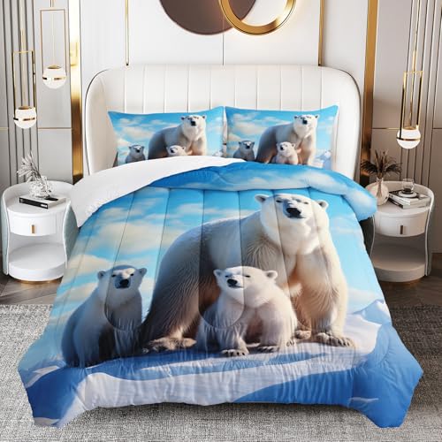 OUIXOTIC Polar Bear Bedding Set Queen, Polar Bear Family Comforter Set for Boys Girls,Kids Snow and Ice Duvet Set Natural Comforter Fashion Teens Bedroom Decor 3 Pcs Bed Collection