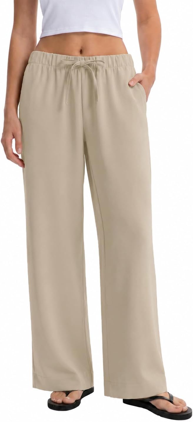 Abonlen Wide Leg Pants for Women Casual Flowy Crepe Trousers Wrinkle Free Relaxed Fit Lounge Work Business with Pockets