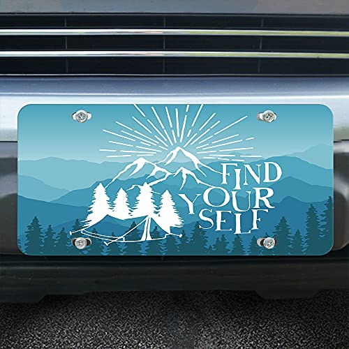 Lefolen Front License Plate Covers Find Yourself Quote,Foggy Pine Trees Forest Mountains Inspiration Phrase Auto Car Tag Vanity Plates Aluminum Novelty Metal Plate For Men Woman 6" X 12" #TOP3