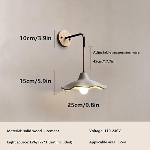 Miniatura 3 de Aplique de pared de cemento rústico, accesorio de iluminación E27 de madera maciza con pantalla orgánica ondulada, lámpara para dormitorio, sala de