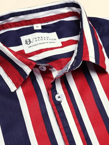Image of Urban Scottish Men's Regular Fit Cotton Printed Shirt, Long Sleeve Button Down Collared, Soft Breathable Fabric, Stylish Everyday Wear Casual Shirt for Mens - Red & Navy