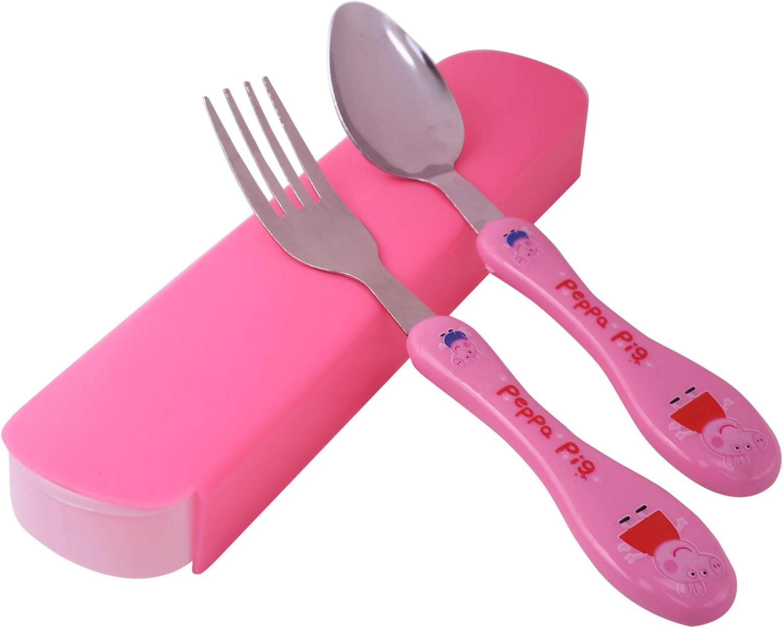 CherryBoxSpoon & Fork Set - Stainless Steel with Carry Case for Kids with Cute Cartoon Character (Pink Peppa Pig)