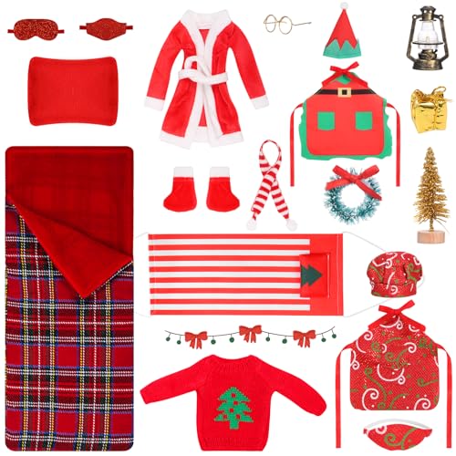 Image of 20 Pcs Christmas Elf Doll Clothing Accessories, Sleeping Bag Christmas Accessory for Elf Doll Include Elf Sleeping Bag Apron Chef Hat Sweater Scarf Glasses Bathrobe Shoes Hammock for Elf Doll Decor