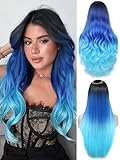 HANNE Long Blue Wavy Wigs for Women 26 Inch Middle Part Blue Ombre Wig Body Wave Long Curly Synthetic Wig Heat Resistant Black and Blue Wigs Colorful Hair Wigs for Women (Ombre Blue)