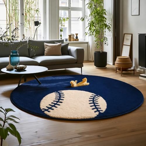 Image of Modern Shaggy Round Rug | Ultra-Soft Plush Circle Carpet for Living Room, Bedroom, Nursery | Fuzzy, Fluffy Area Rug with Non-Slip Base Blue Double Ball 7x7 feet