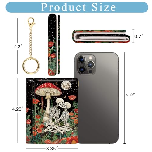 Image of Jogjam Mushroom Skull Small Ladies Wallets, Skeleton Goth Horror Rfid Womens Wallet, Slim Thin Trifold Woman Wallet, Travel PU Leather Card Holder Wallet, Compact Key Chain Cash Wallet, Female Gifts