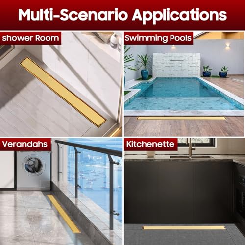 DLONE Linear Shower Drain | 28" AISI 304 Stainless Steel Linear Drain, Brushed Glod Shower Drain with Tile Insert Panel & Adjustable Feet, Long Rectangle Shower Floor Drain in Bathroom, Balcony, etc by DLONE - Used condition - Image 7