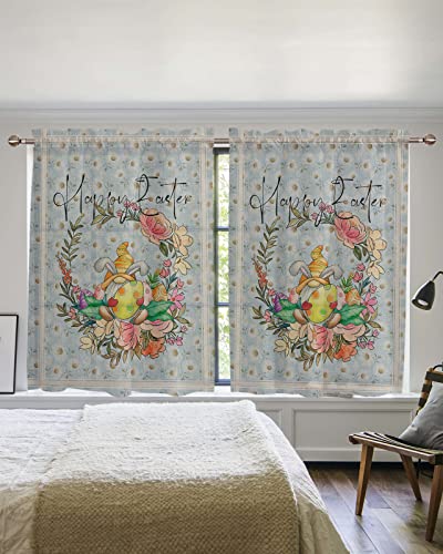 Lbdekor Sheer Tier Curtains 45 Inch Length, Easter Gnome Curtain Sheers Half Kitchen Curtains For Bedroom Living Room Voile Windows Curtain Rod Pocket 2 Panels Egg Wreath Spring Summer Daisy Rustic #TOP3