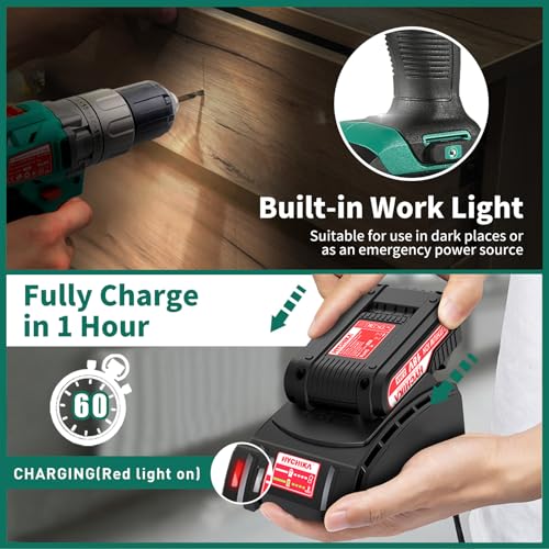 Cordless Drill Driver and Impact Driver 20V, HYCHIKA Drill Combo Kit, 2x2.0Ah Batteries, 1H Fast Charging, 22PCS Accessories for Drilling Wood, Metal and Plastic - image 7