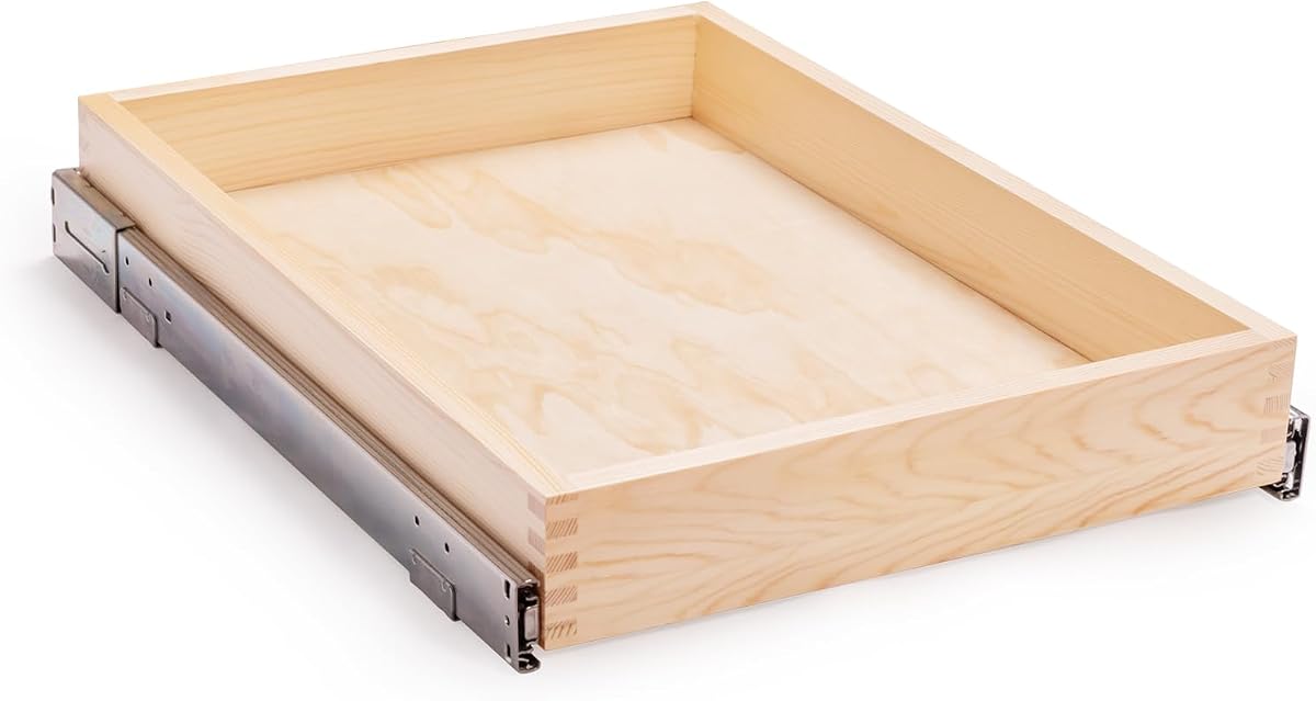 Organizador de cajones de madera deslizable de cierre suave para cocina, 20 pulgadas de ancho x 21 pulgadas de profundidad x 3 pulgadas de alto, (ancho del gabinete > 20,5 pulgadas para el ensamblaje inferior, ancho = 20 pulgadas para el ensamblaje lateral)
