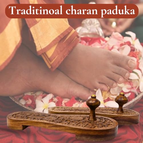 Image of Khadau Slippers For Men Stylish Flip Flops Wooden Footwear, Charan Paduka, Decorative Floral Carvings (Brown)