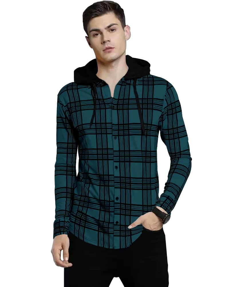EYEBOGLEREyeBolger Mens Checkered Hooded Neck Full Sleeve T-Shirt