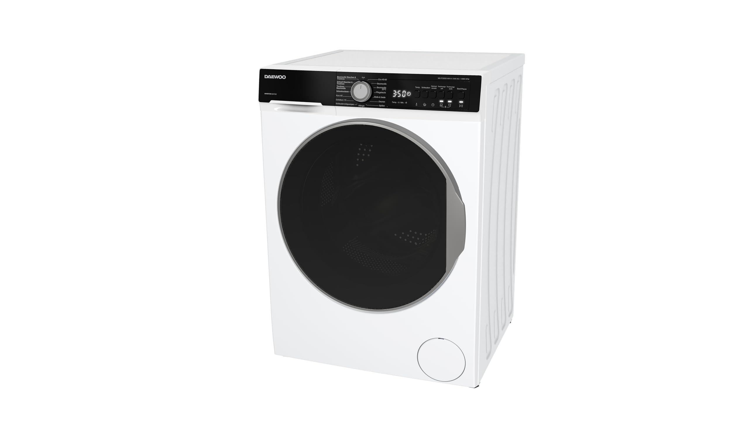 Daewoo WD-FC85514W1A-DE Waschtrockner, 8 kg Waschen, 5 kg Trocknen, 1400 U/min, Energieeffizienzklasse A, Inverter Motor, AquaStop, Weiß