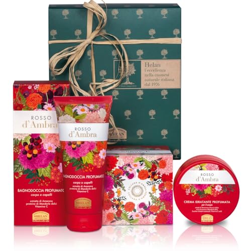 Helan, Rosso d'Ambra - Coffret Cadeau Femme avec Shampoing sans Sulfate et Gel Douche Femme avec Vitamine C 200ml + Creme Hydratante Corps Huile Amande Douce 200ml, Soins Visage et Corps Made in Italy