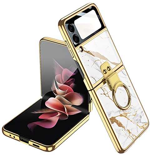 Coque Samsung Galaxy Z Flip 4 5G EasyShow Rigide avec Anneau Blanc Doré