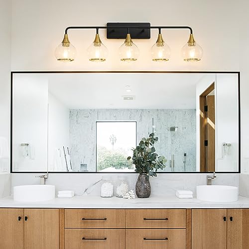 Image of Black and Gold Bathroom Vanity Light 5-Lights Bathroom Light Fixtures Over Mirror with Clear Glass Shade 39.2 inch Wall Sconce Lighting Bath(Exclude E26 Bulb)