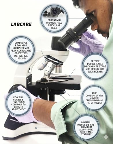 Image of LABCARE 1000X Coaxial Binocular Microscope, 4X, 10X, 40X, 100X Oil Immersion Objectives, 45 Inclined Tube, 360 Rotatable, Battery Backup (LB-WEX-10)