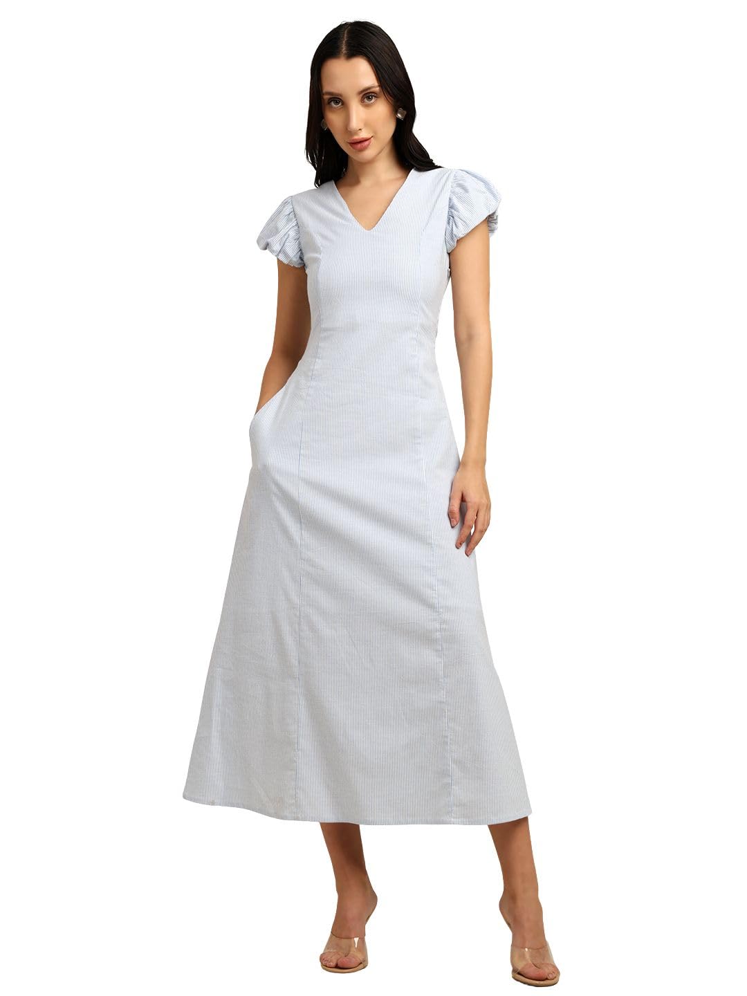 7ounce Women's Striped Maxi Dress - Stretchable Fabric, Puff Sleeves, V-Neck, Side Zipper, Lining & Side Pocket-picture-34