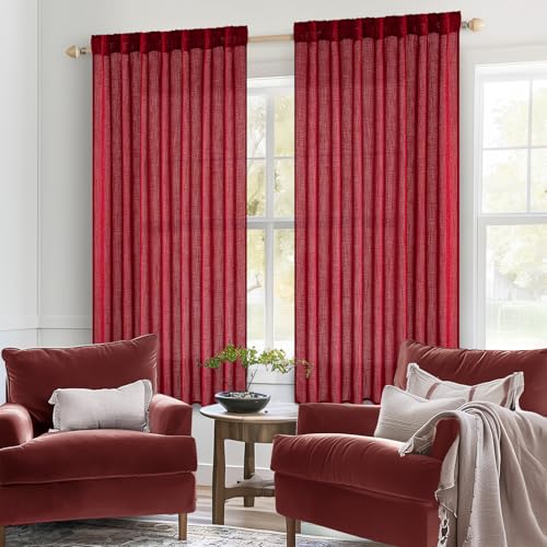 MIULEE Burgundy Red Short Curtains 63 Inch Length 2 Panels for Kitchen Bedroom, Christmas Soft Thick Linen Textured Living Room Window Drapes Semi Sheer Light Filtering Back Tab Burlap Look Decor