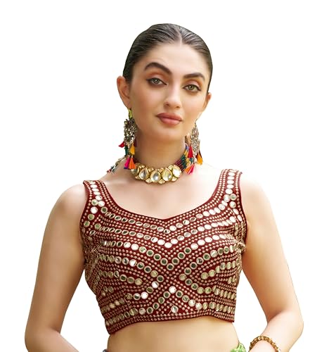 Image of Pujia Mills Women's Embroidery Work Real Mirror Sleeveless Readymade Blouse