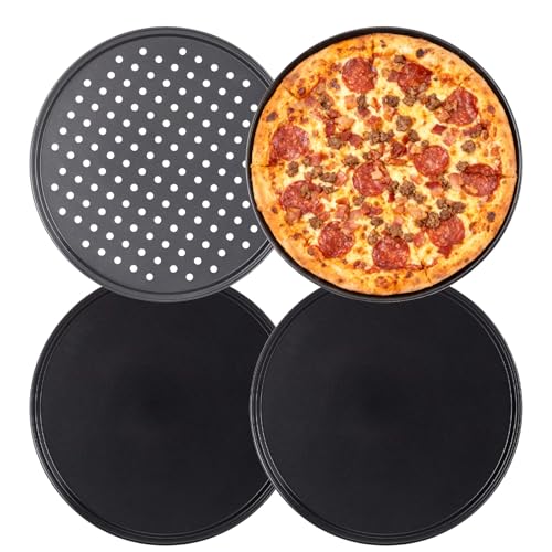 Mokaskaidj 4 Pcs Pizzablech Rund 32 cm, Pizza Teller, Pizza Backblech, Pizzaform Antihaft, 2 Gelocht 2 Keine Löcher, Carbonstahl, Hitzebeständig für Einwandfreies Pizzabacken, Leicht zu Reinigen