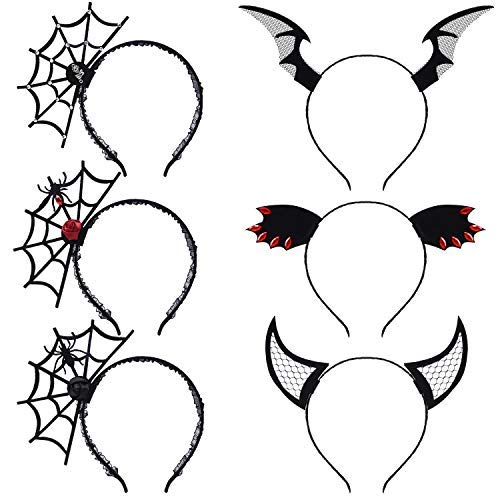 Halloween Party Headbands, Fascigirl 6PCS Spider Web Bat Wings Ox Horn Headbands for Women Party Hair Decorations Hair Bands Hoop for Women Halloween Costume for Cosplay
