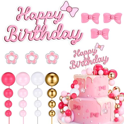 Decoración de Pastel de Lazo, 39 PCS Decoracion Tartas Cumpleaños, Bolas Decoracion Tartas, Adornos para Tartas con Lazo y Flores, para Bodas, Cumpleaños, Baby Showers, Fiestas Temáticas