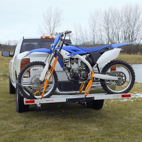 Image of Black Widow Motorcycle Hitch Carrier with Wheel Chock & Ramp, 400 lb Capacity Anti-Rattle - Lightweight Aluminum Dirt Bike Transport Platform with Secure Mounting - Fits 2 inch Receiver