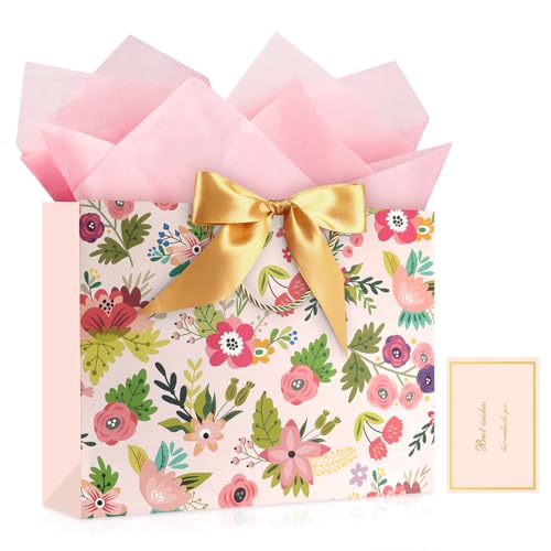 Image of JMANNI Mothers Day Gift Bags with Handles, 13 inch Medium Gift Bag for Presents, 1 Pcs Bags with 2 Tissue Paper and 1 Cards for Baby Shower Wedding Bridal Shower Mother's Day Birthday Party(Pink flowers)