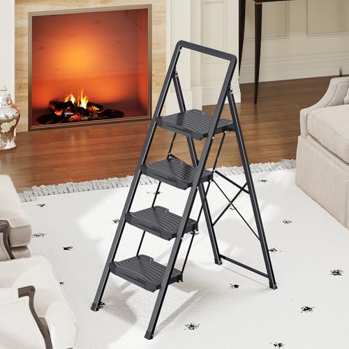 KINGRACK 4 Step Ladder, Folding Step Stool with Wide Anti-Slip Pedal and Handrails, Portable Lightwight Household Ladder, 800LBS Sturdy Steel Ladder, for Your Kitchen, Pantry, Closets, Office Use - Image 2