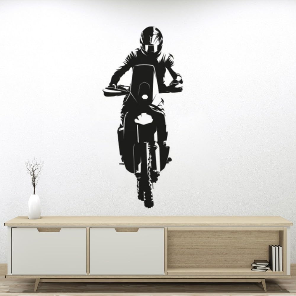 Adhesivo de pared de vinilo negro, diseño de motocross, decoración del hogar, para sala de estar y dormitorio, ambiente dinámico y aventurero, 25 x 50 cm