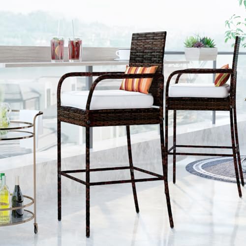 Image of Sundale Outdoor Wicker Bar Stool Set of 2, Patio Counter Height Pub Chair with Arms, High Top Rattan Barstool, Cushion Beige, All-Weather Outdoor Rattan Furniture
