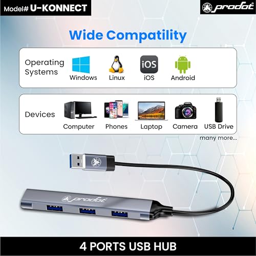 Image of ProDot U-Konnect 4-Port USB Hub, Multiport Adapter with 1 x USB 3.0 & 3 x USB 2.0 Ports, 5 Gbps Fast Data Transfer, Compact Plug & Play USB Splitter for MacBook, Laptop, PC (Aluminum, Silver)