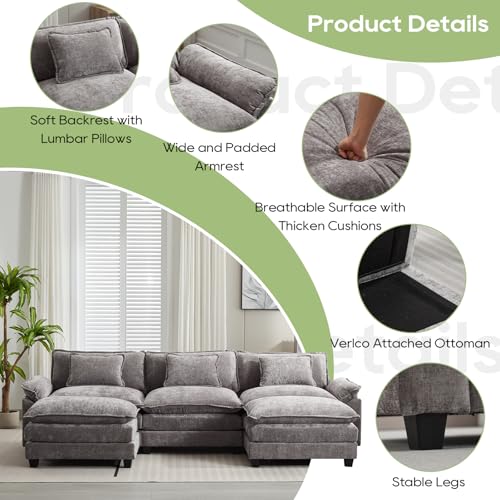 Image of Oprisen 120 inch Modular Sectional Sofa, Comfy Cloud Couch Sectional Sofa with Ottoman, Chenille Sofa Sleeper Deep Seat Sofa with Throw Pillows for Living Room (Light Gray, 120 inch- U Shape)
