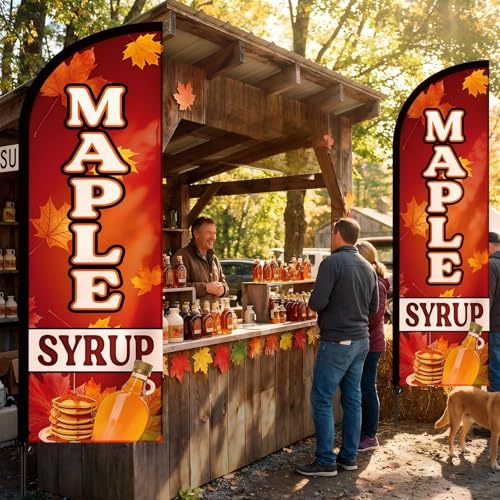 Image of Remagr 2 Pack Maple Syrup Feather Flag 7 ft Advertising Swooper Flag Sign Windless Maple Syrup Banner with Pole Kit and Ground Stake for Businesses Restaurants Outside Ground